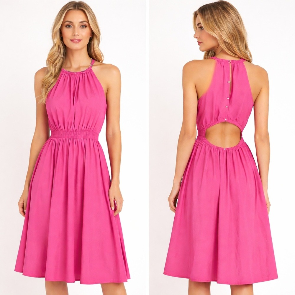 Michael Kors Pink Halter Midi Dress Chain Neck Open Back Cut Out High Low Small - Picture 11 of 11